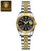 A stainless steel quartz ladies wristwatch featuring a gold-tone bracelet and a black dial with luminous markers.