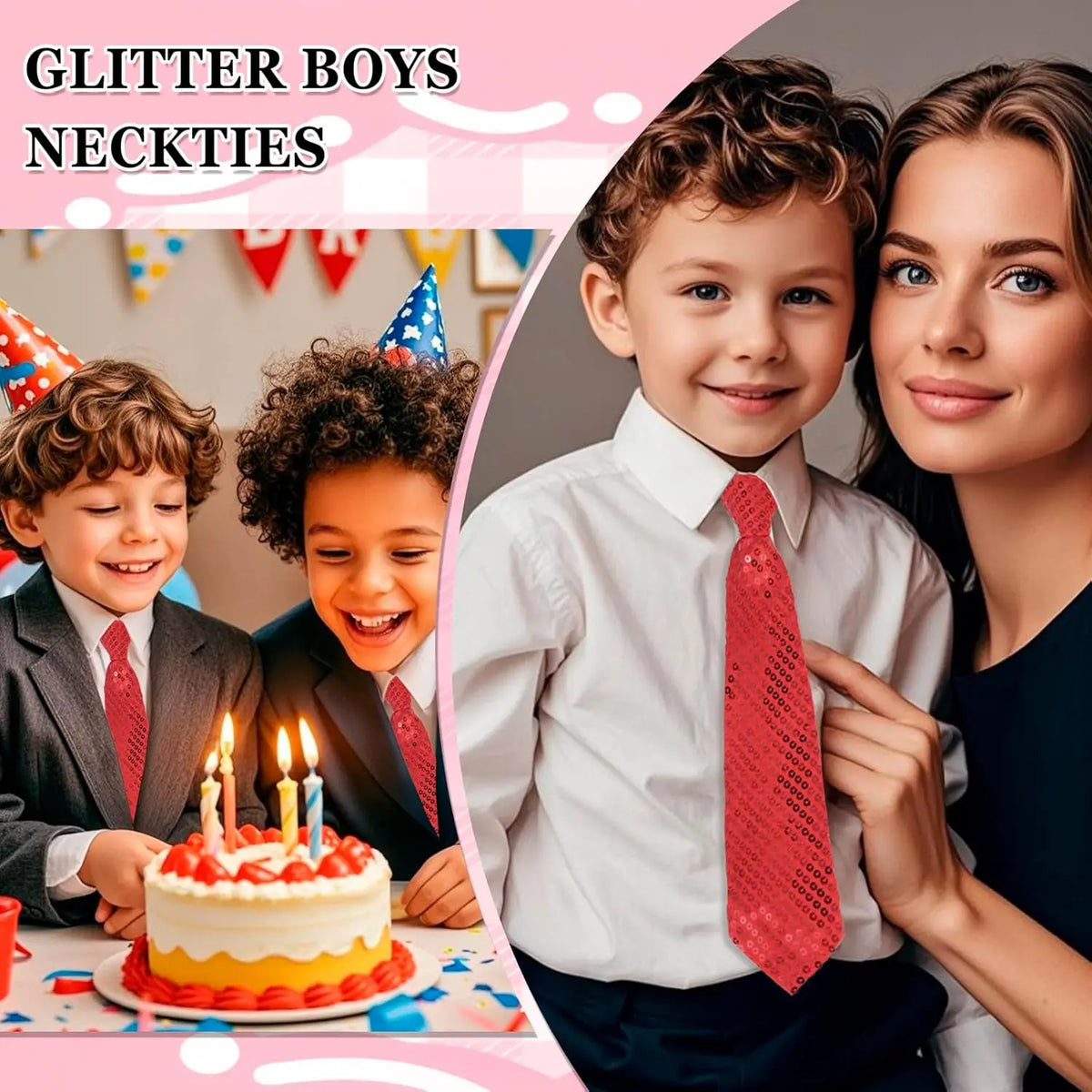 Three boys celebrating with a glitter boy necktie and a woman