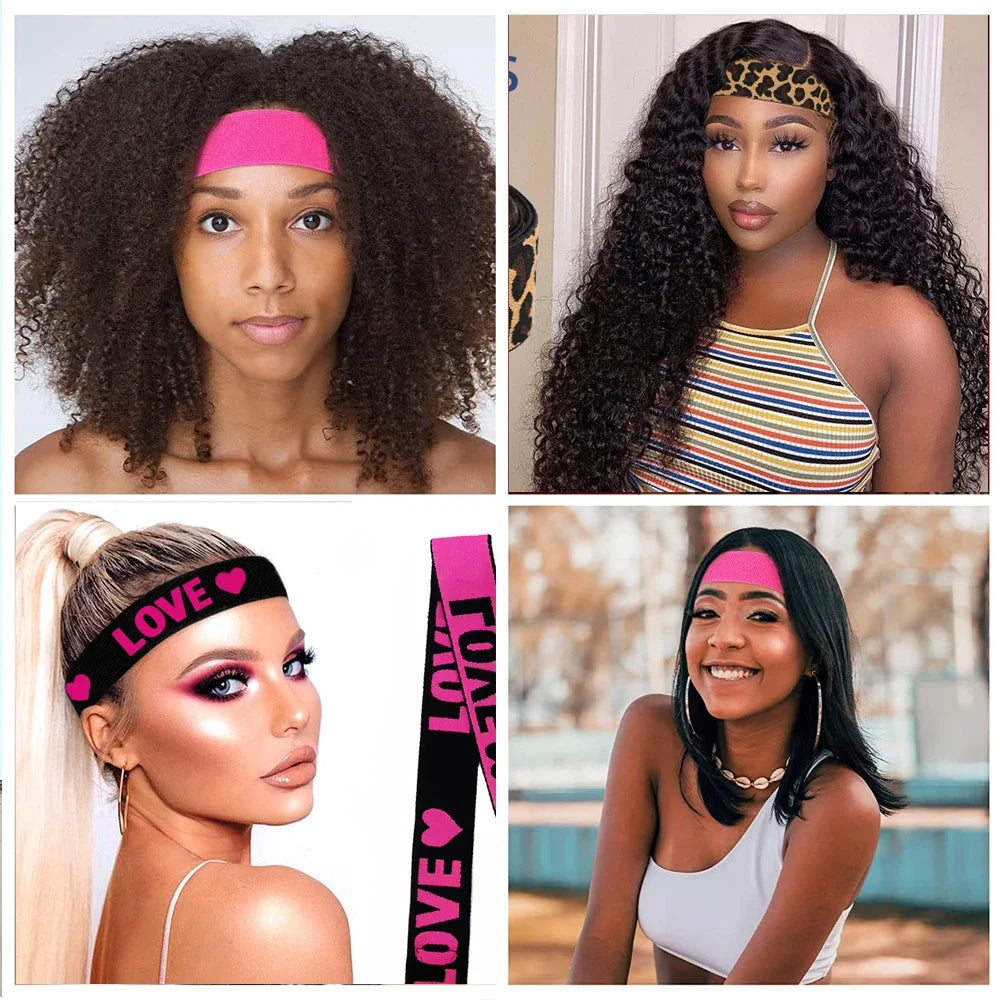 A collage of women showcasing various adjustable elastic bands for wig edges in pink, black, and gold accents.