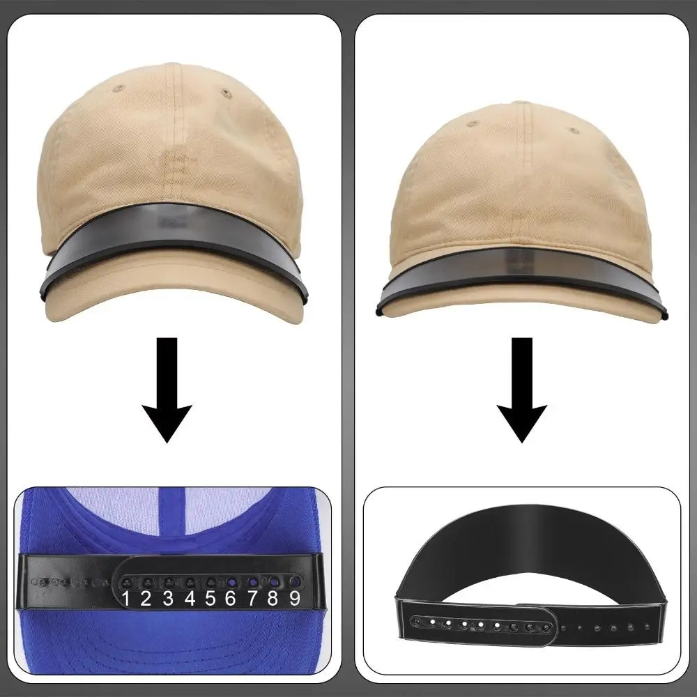 Reusable hat brim bender shown in beige and black, demonstrating its function on a hat and a blue shirt.