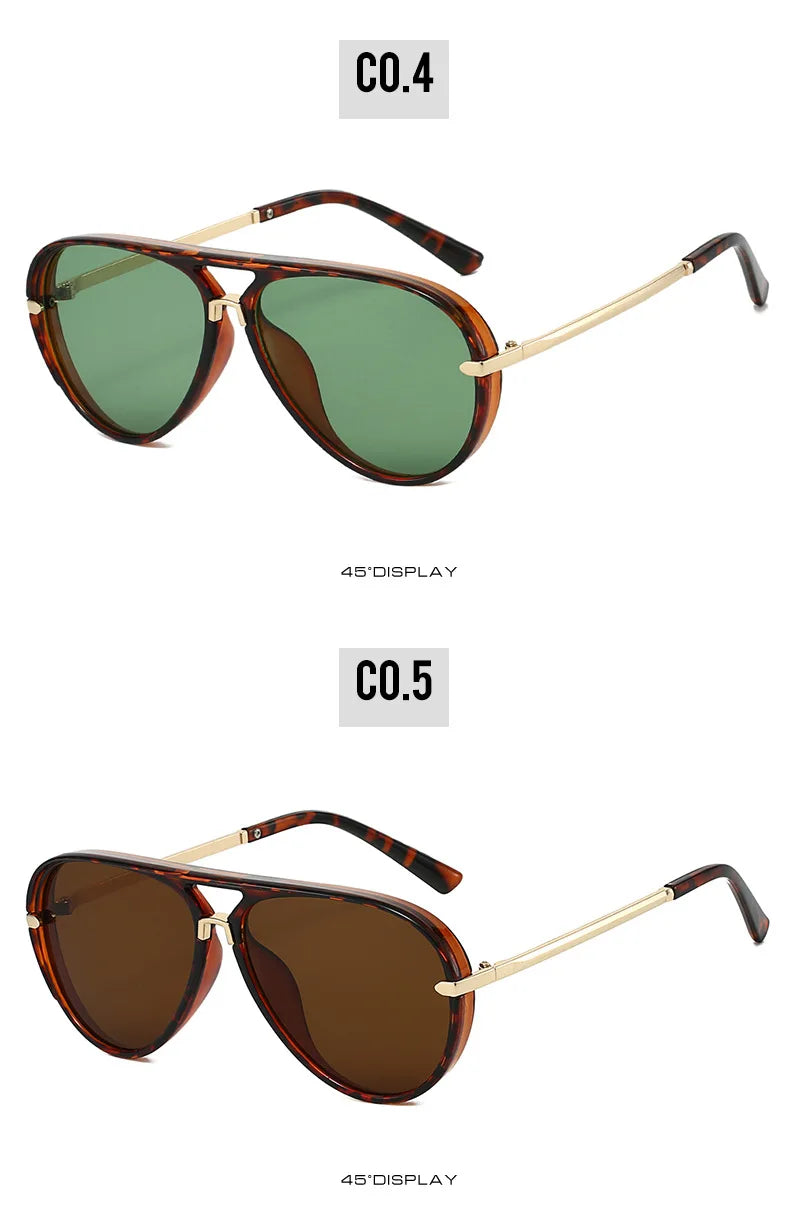 A pair of brown tortoiseshell aviator sunglasses with gold accents shown in a studio setting.