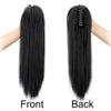 A pair of long, straight black hair extensions shown from the front and back views.