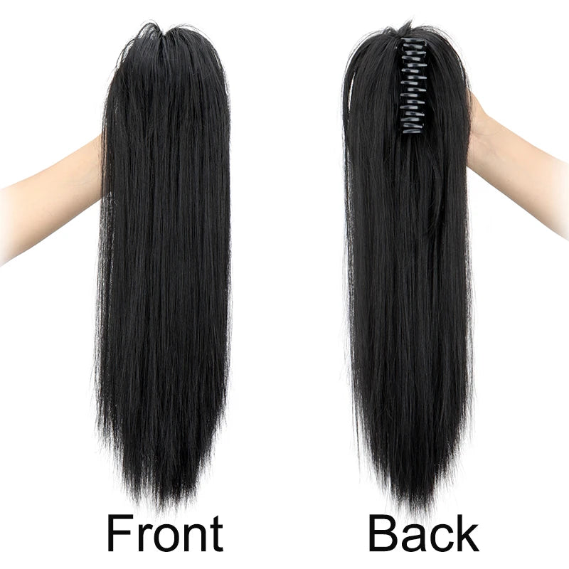 A pair of long, straight black hair extensions shown from the front and back views.