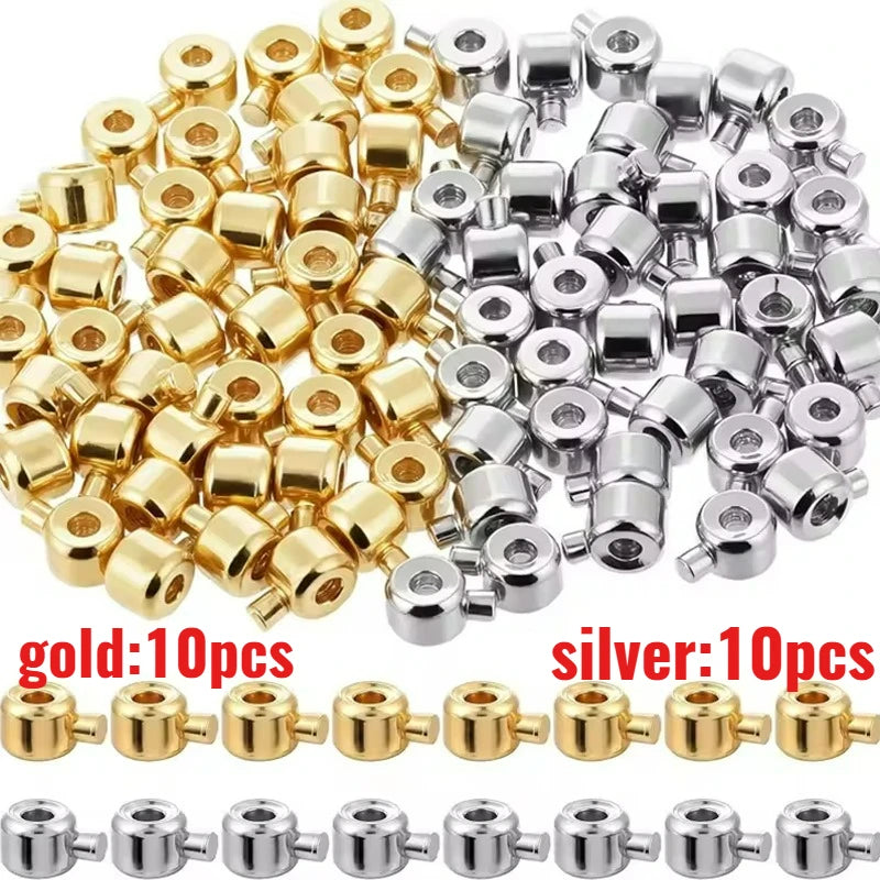 A collection of gold and silver jewelry findings stoppers or spacers for connectors.