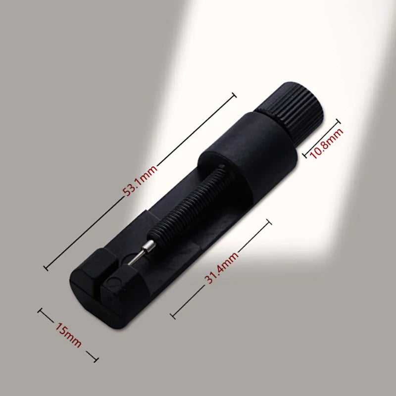 A black adjustable watch band link repair kit shown with various dimensions marked.