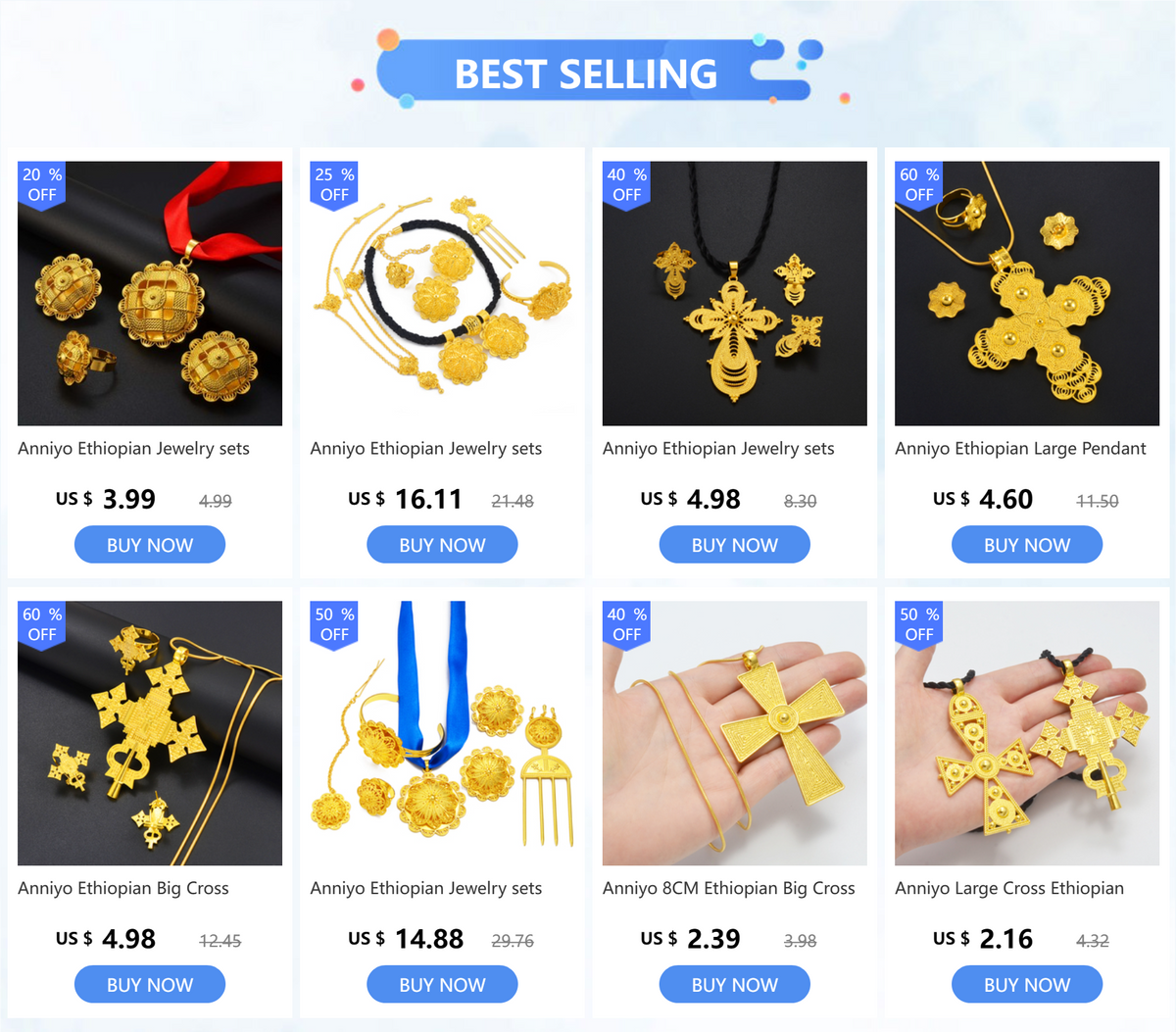Anniyo Ethiopian Jewelry sets including large pendants, crosses, and various gold-colored items.