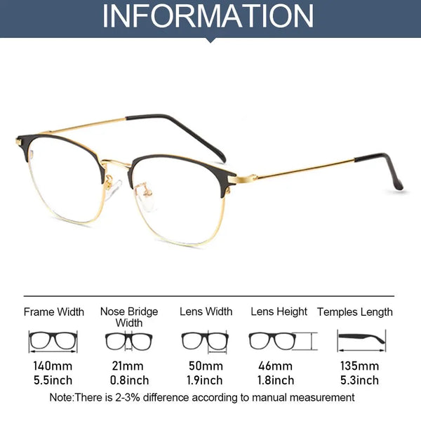 A pair of gold-toned metal eyeglasses shown with various measurements listed below the frame.