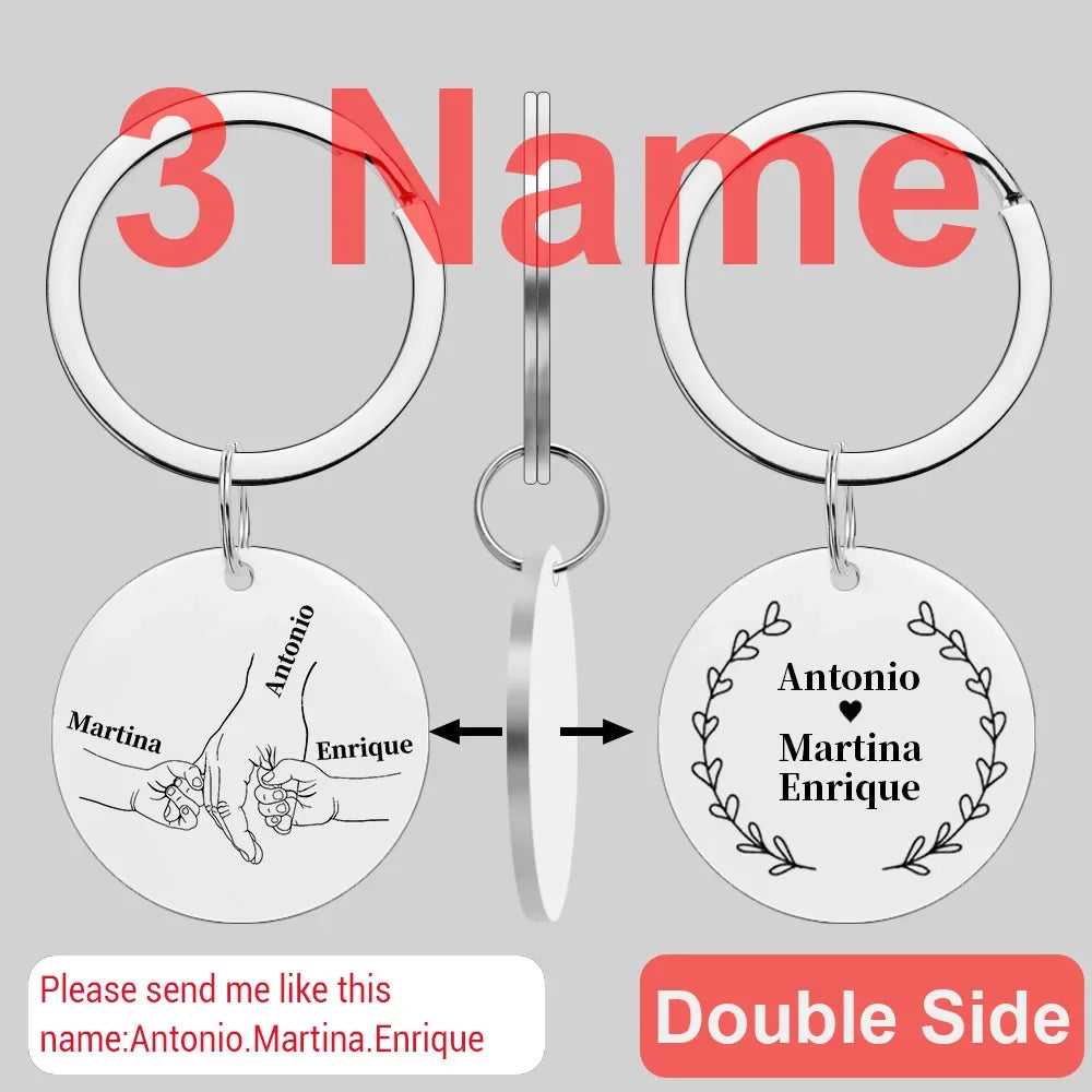 Three personalized stainless steel keychains featuring names and a heart design for family