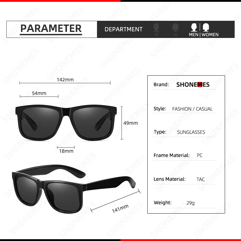 A set of black vintage polarized square sunglasses displayed with technical specifications.