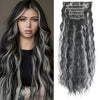 Long dark gray wavy hair extensions with silver highlights shown on a model's head and in a separate display.