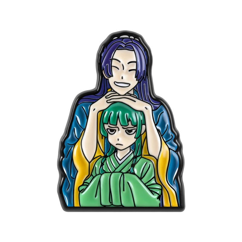 A lapel pin featuring two anime characters, one with purple hair and one with green hair.