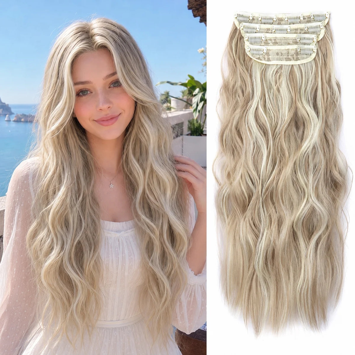 Long blonde wavy hair with decorative clips and ombre color