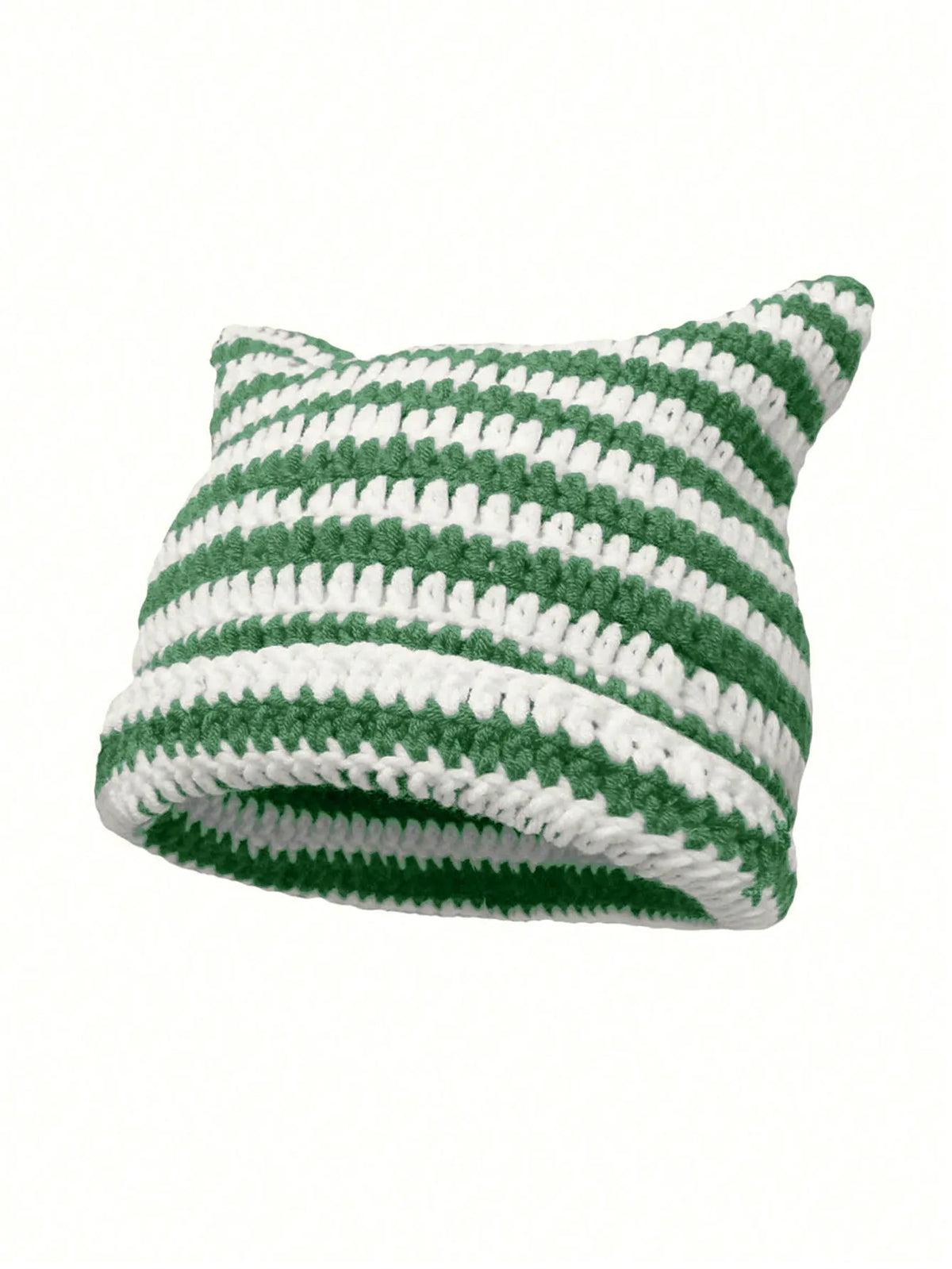 A knitted beanie hat with striped green and white yarn, resembling cat ears.