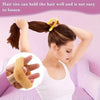 A woman is shown using a yellow hair tie to secure her hair in a ponytail, with a close-up of the cotton elastic hair tie.