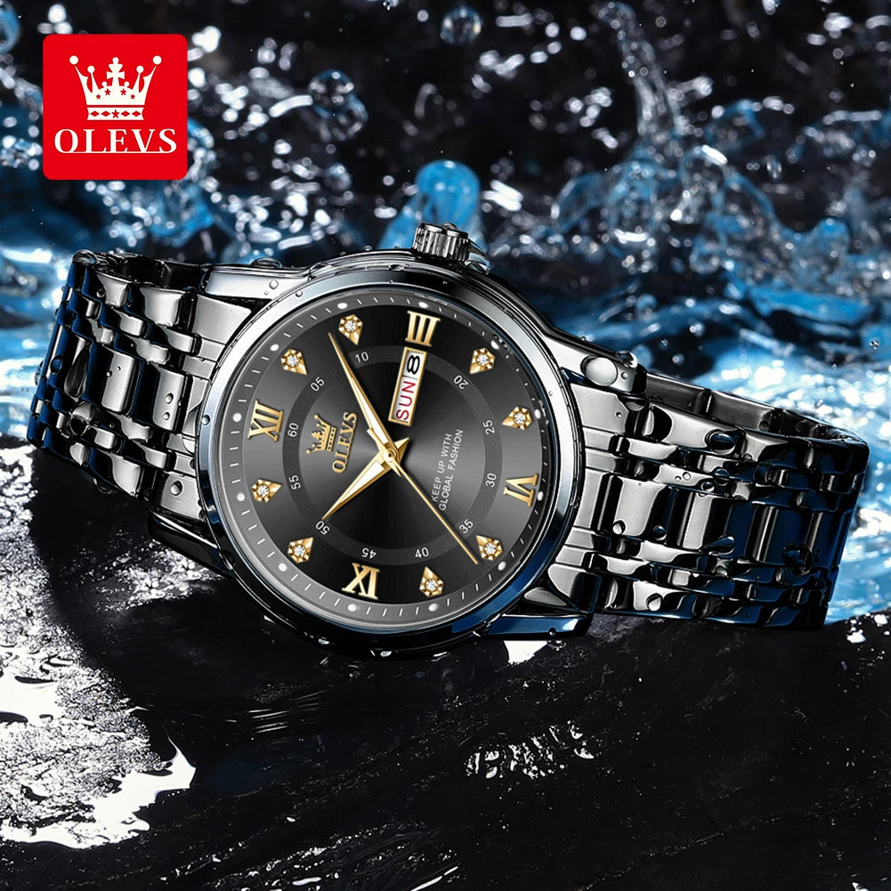 A black stainless steel watch with a gold-toned face and luminous markers is displayed on a dark surface.