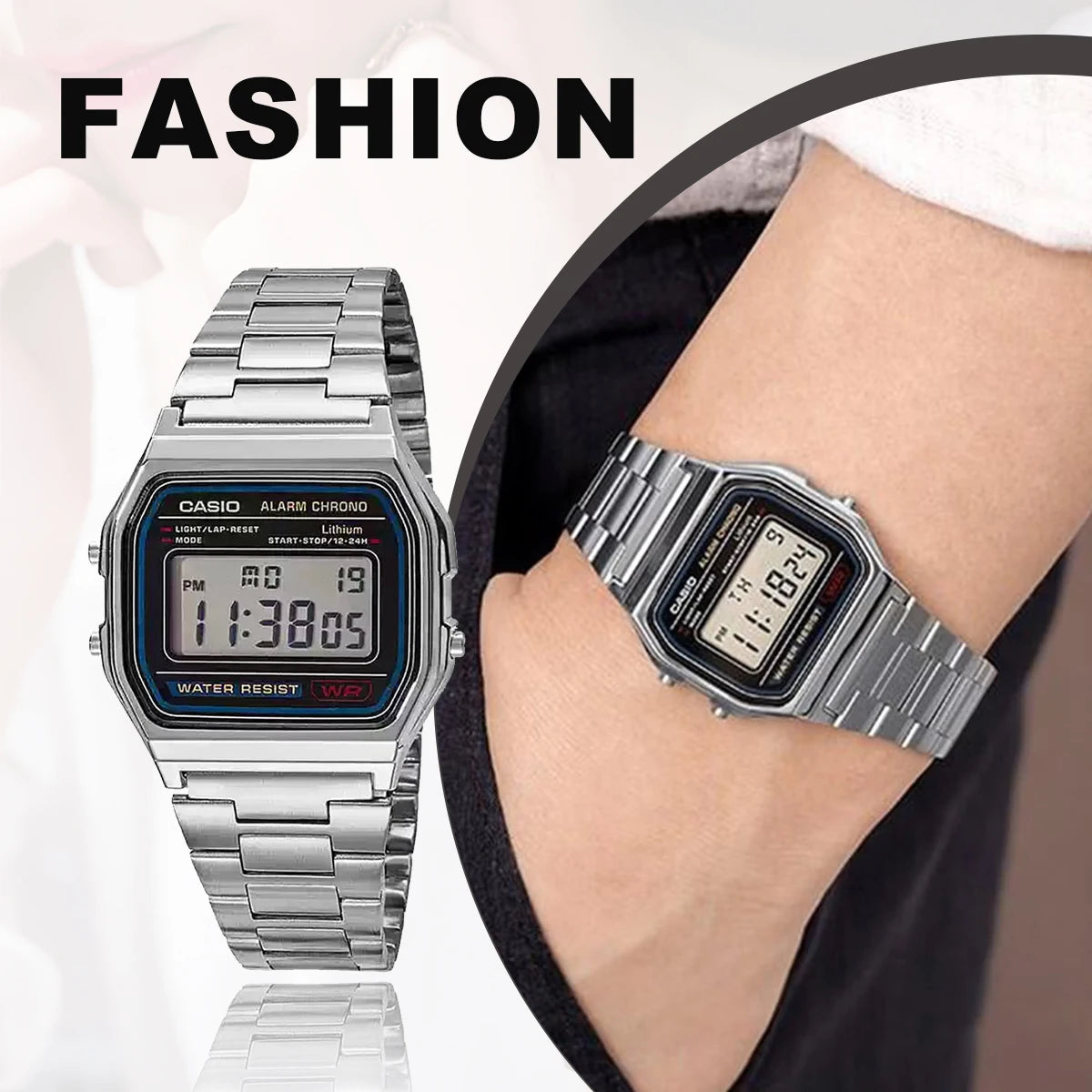 A close-up of a silver Casio alarm chronometer wristwatch on a wrist against a dark background.