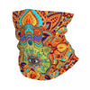 Bohemian hamsa hand bandana neck gaiter featuring vibrant orange, teal, and purple paisley patterns.