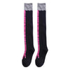 Black socks with a pink chicken print and a gray textured cuff.