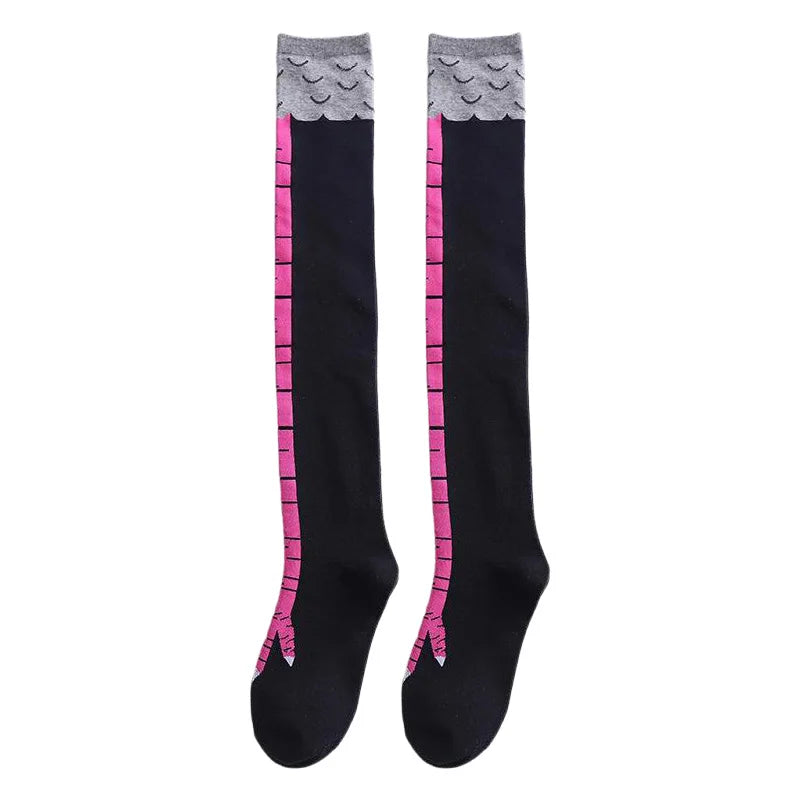 Black socks with a pink chicken print and a gray textured cuff.