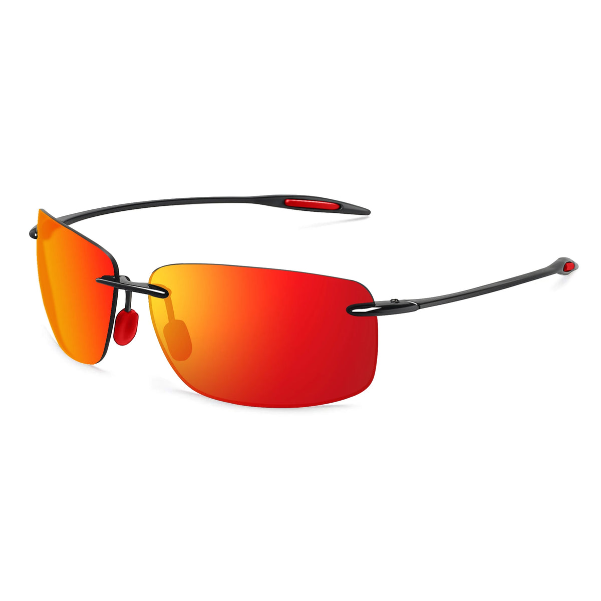 Rimlose Sportbrille mit orange-roten Linsen und schwarzen Rahmen