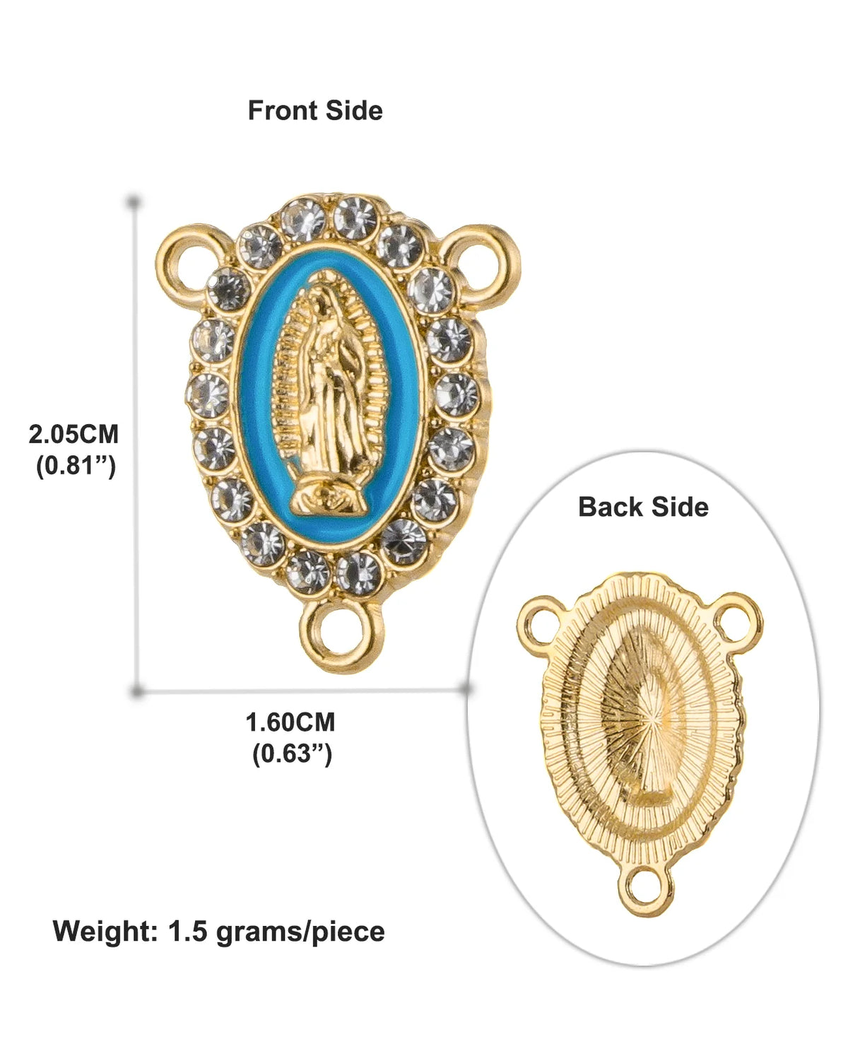 Gold and blue oval centerpiece connectors for a rosary, showing the front and back sides.