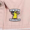 A yellow chicken enamel lapel pin featuring the text PEW PEW and MADAFAKAS