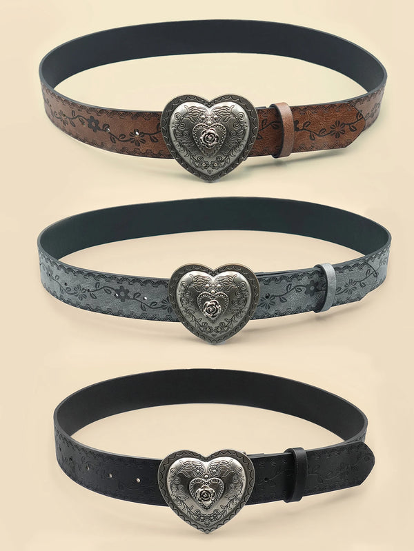 Three heart-shaped retro embossed leather belts in dark brown, gray, and black finishes.