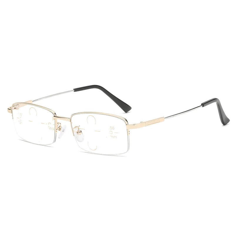 A pair of gold-toned photochromic progressive reading glasses with black arms and clear lenses.