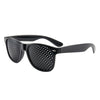 Black vision correction pinhole glasses with dark lenses and black frames