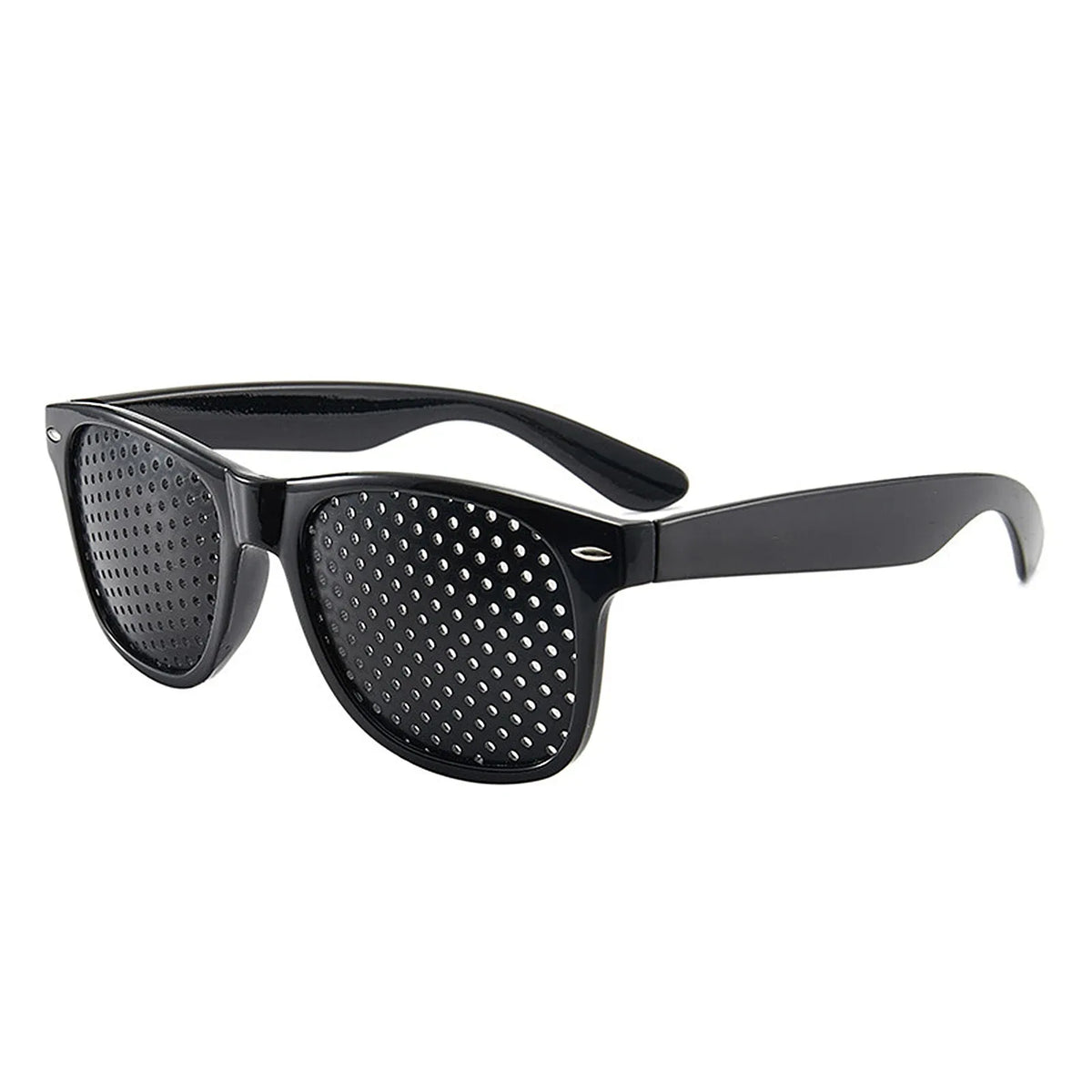 Black vision correction pinhole glasses with dark lenses and black frames