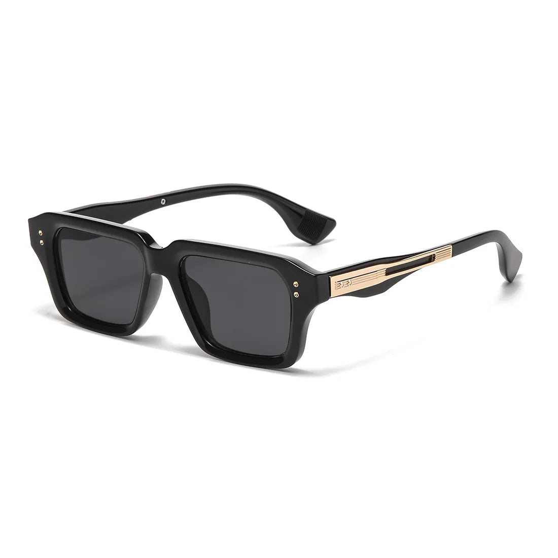 Schwarze retro quadratische Metall-Sonnenbrille mit goldenen Akzenten vor weißem Hintergrund.