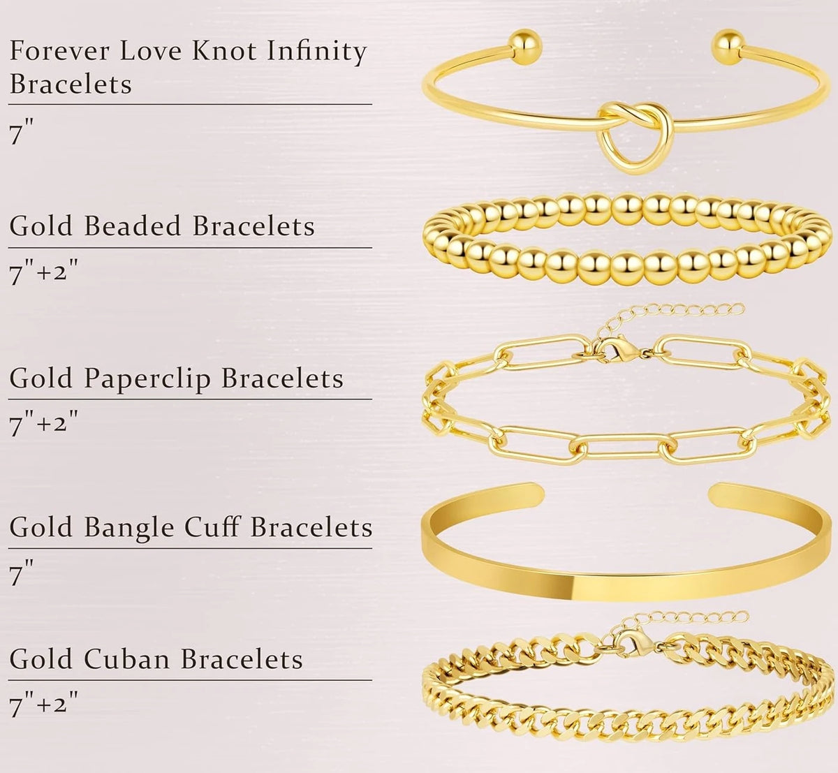 A collection of various gold beaded, paperclip, bangle cuff, and Cuban link bracelets.
