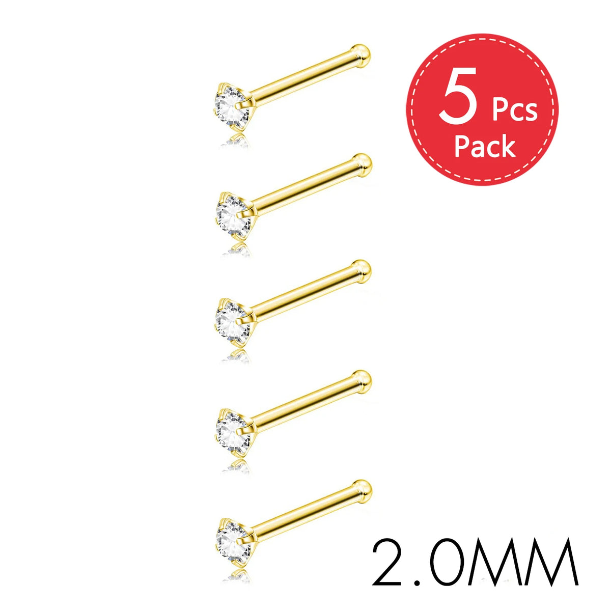 Five pairs of gold-finish crystal and diamond nostril studs, 2.0mm size.