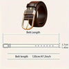 A brown men's coboy style PU belt with a brass buckle shown next to its measured length.