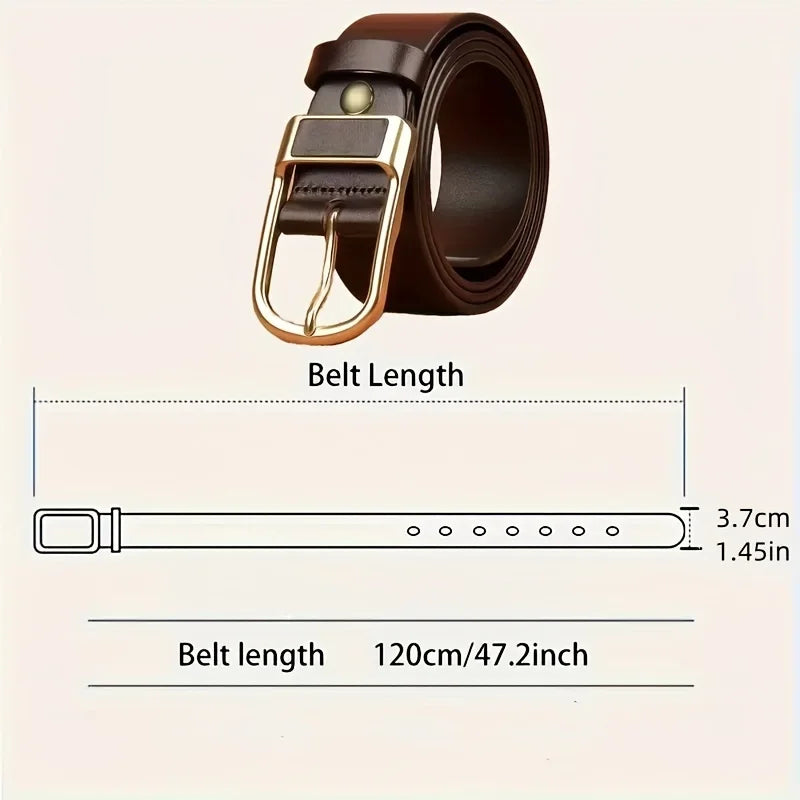 A brown men's coboy style PU belt with a brass buckle shown next to its measured length.