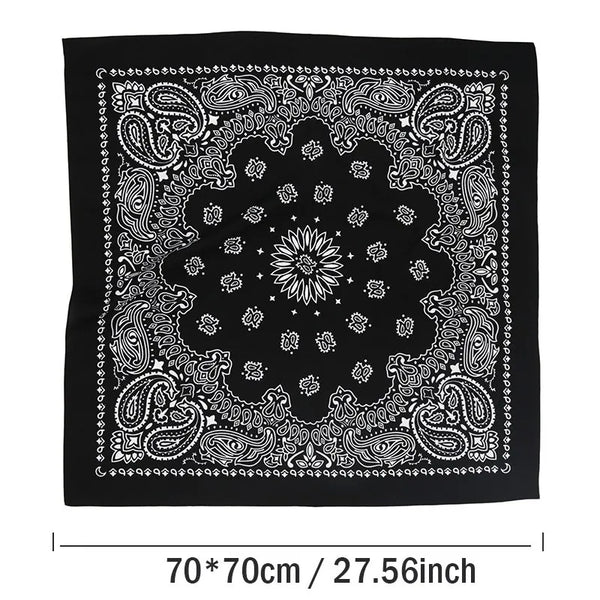 Black bandana scarf featuring intricate white paisley and floral patterns on a black background