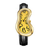 A vintage irregular quartz watch with a gold-toned bezel and a yellow dial on a black leather strap.