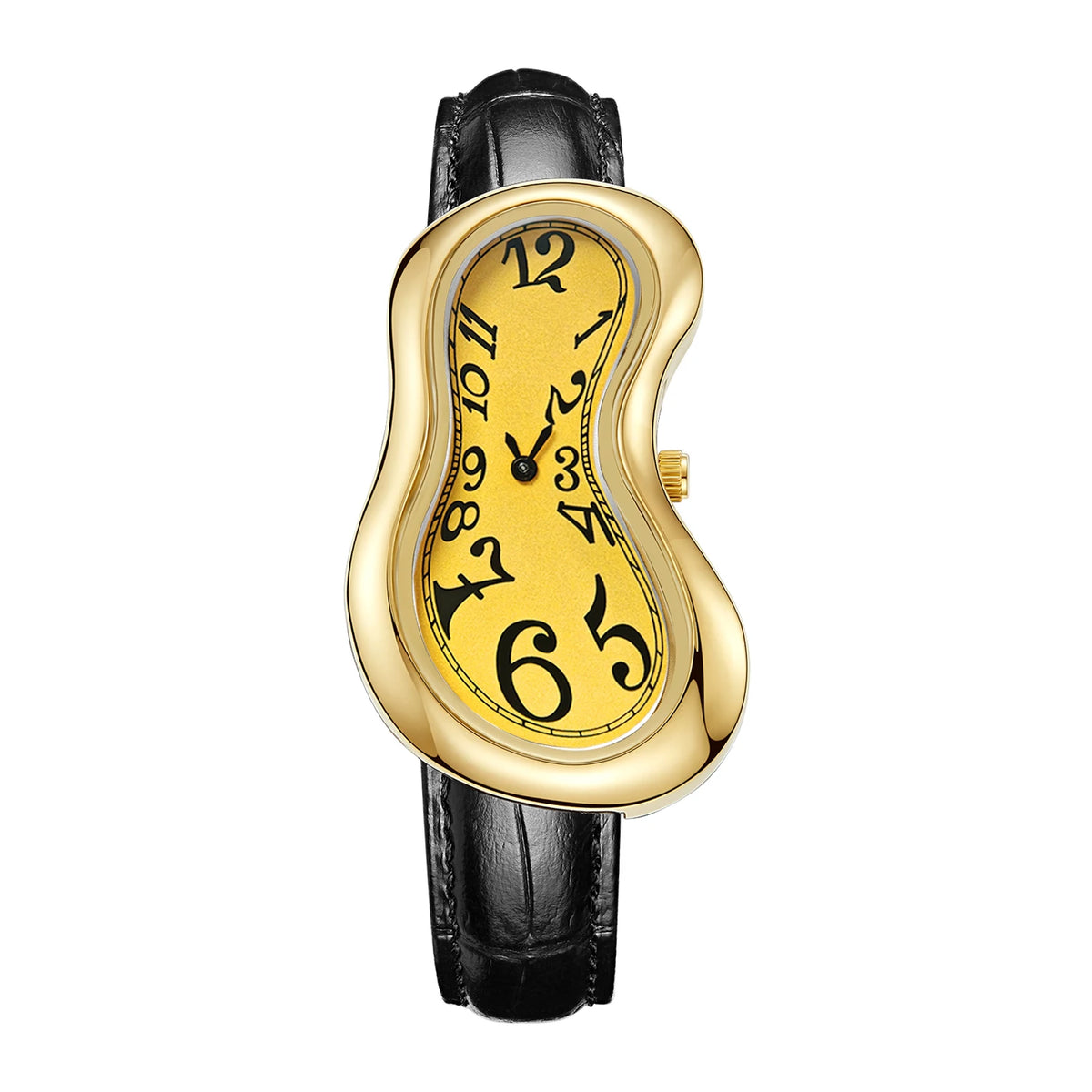 A vintage irregular quartz watch with a gold-toned bezel and a yellow dial on a black leather strap.