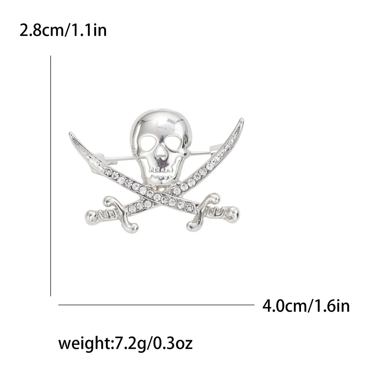 Broches de calavera con diamantes plateados y huesos cruzados, mide 2.8 cm de largo.