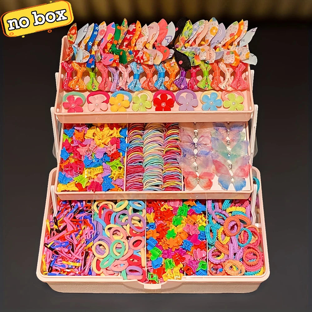 A tiered box of colorful butterfly hair accessories featuring various pink, purple, and blue plastic shapes.