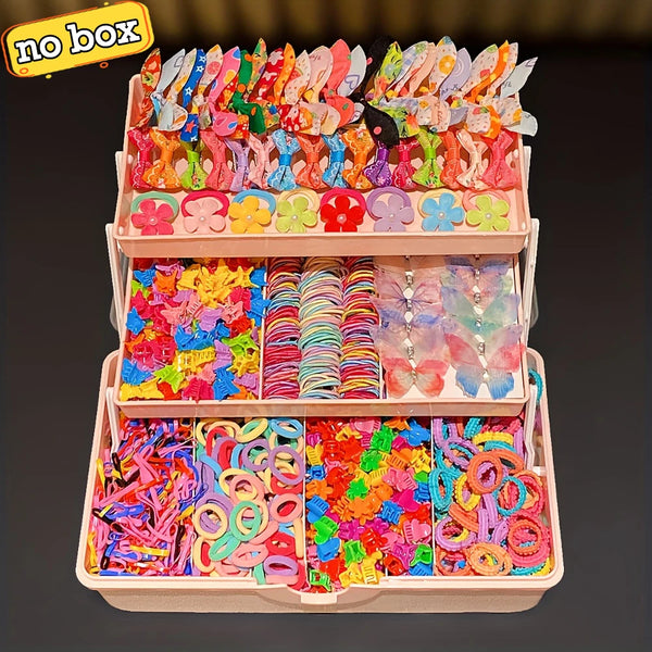 A tiered box of colorful butterfly hair accessories featuring various pink, purple, and blue plastic shapes.