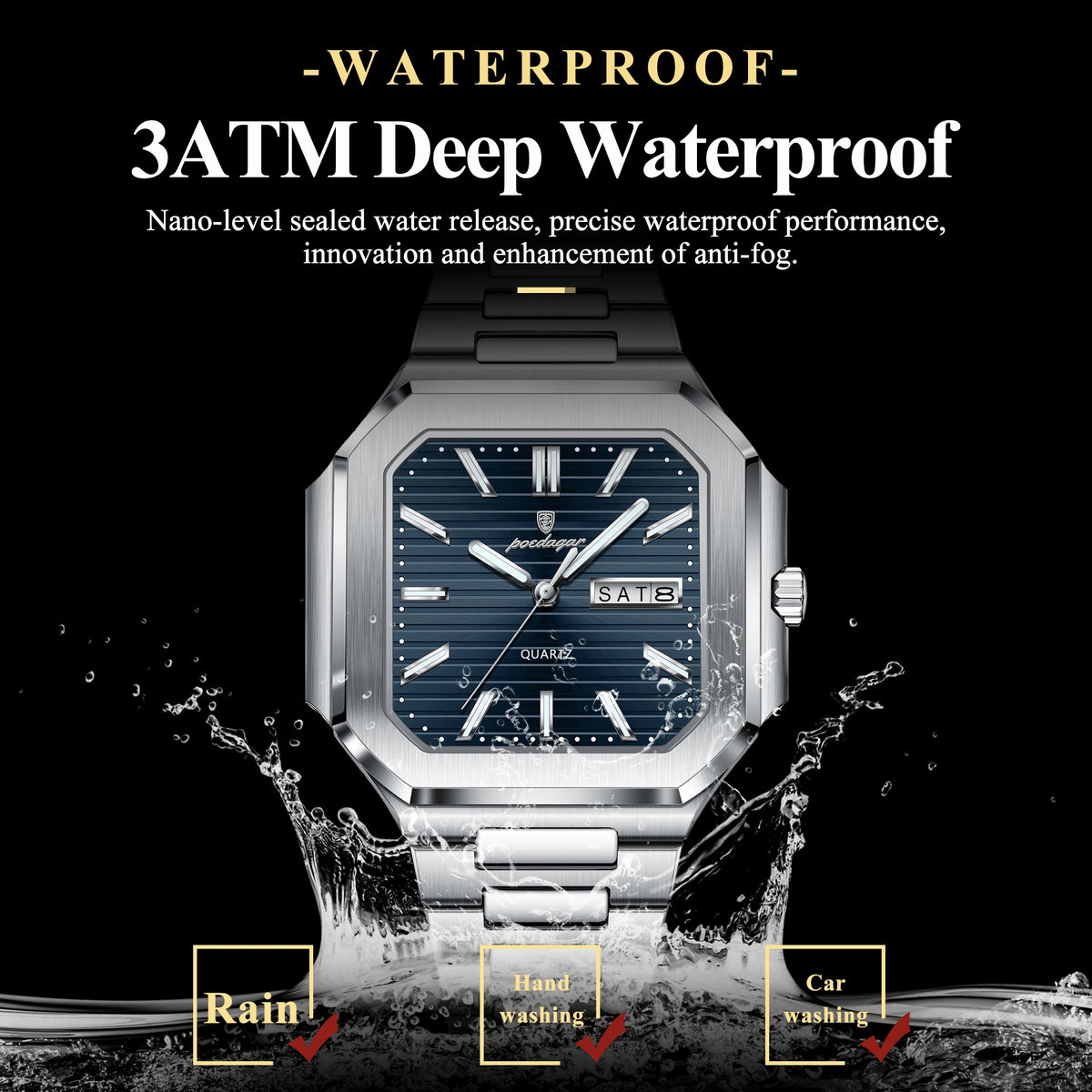 A stainless steel watch is shown being washed under water, demonstrating its waterproof performance.
