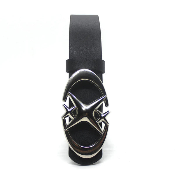 Black leather belt with a silver moon star buckle