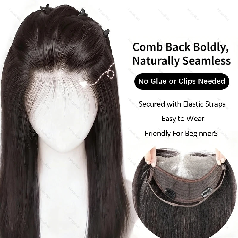 Black straight hair with a lace front topper being shown on a model's head.