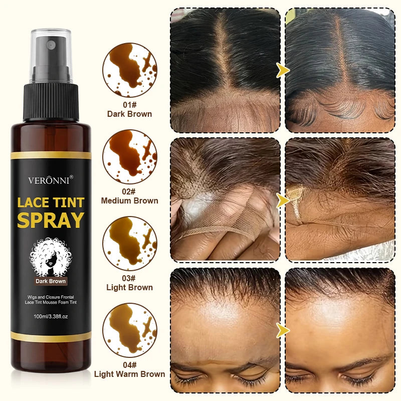 Bottle of Vernoni Lace Tint Spray showing various brown tones and application on hair