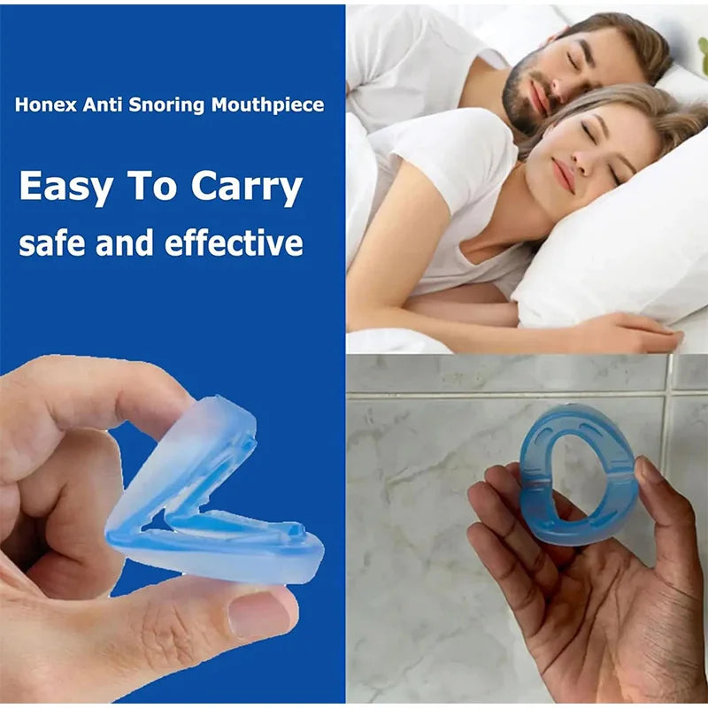 A close-up of a clear blue double-layer dental brace for anti-snoring relief being held in a hand.
