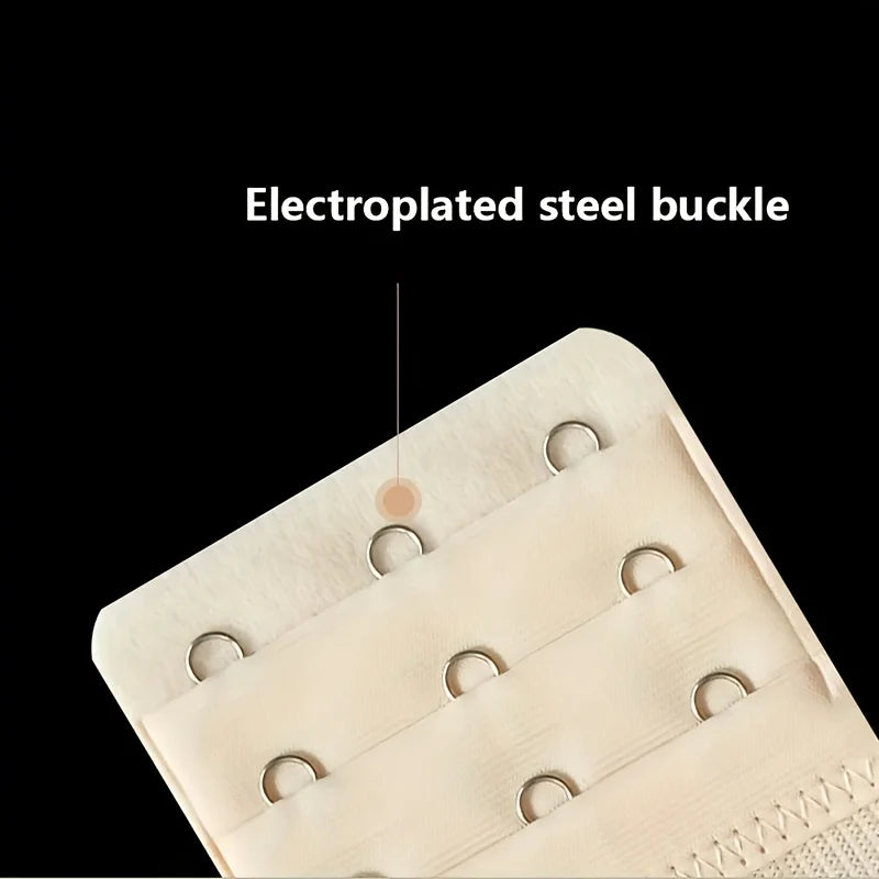 A close-up view of an electroplated steel buckle attached to a beige bra extender strap.