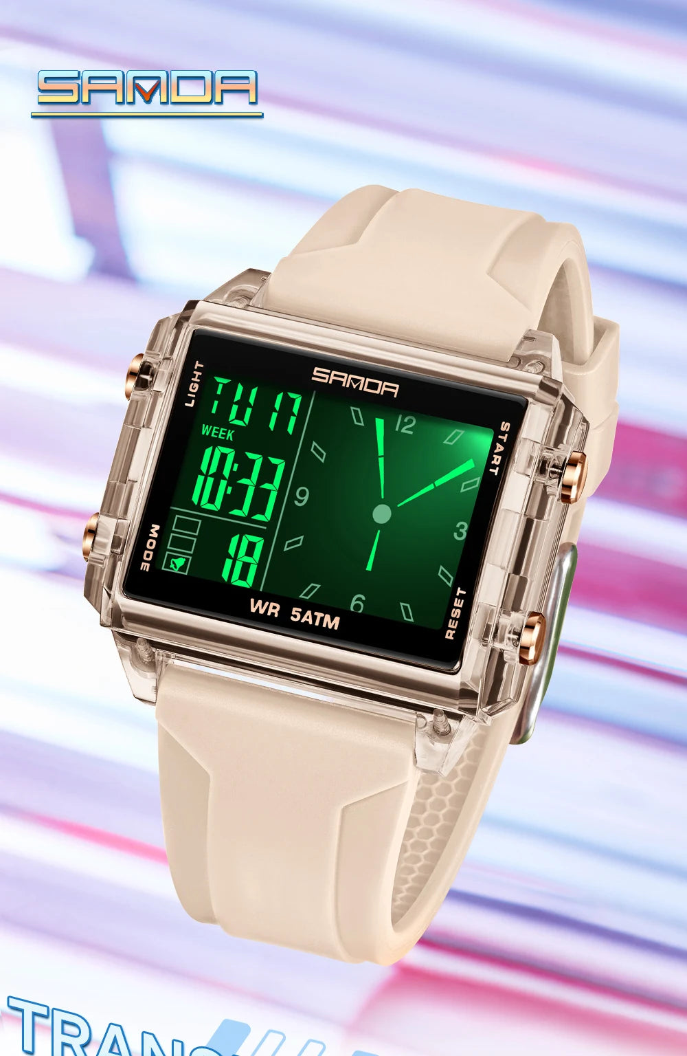 A beige digital wristwatch with a luminous green display and stainless steel casing is shown against a light purple backgroun