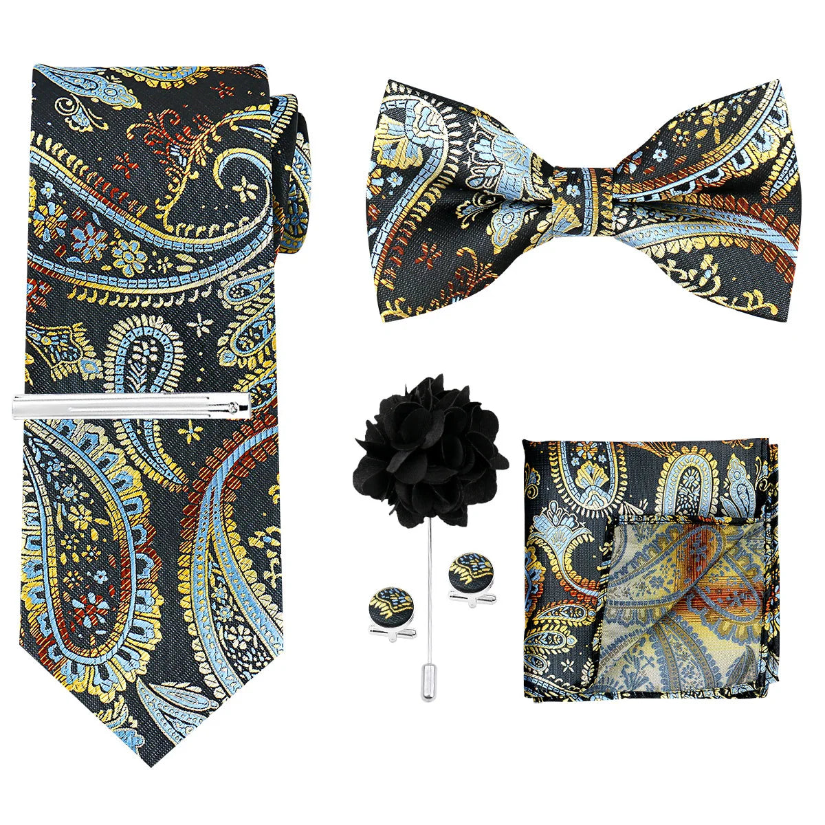 A set of men's formal tie and accessory featuring a black patterned silk tie, bow tie, and pocket square.