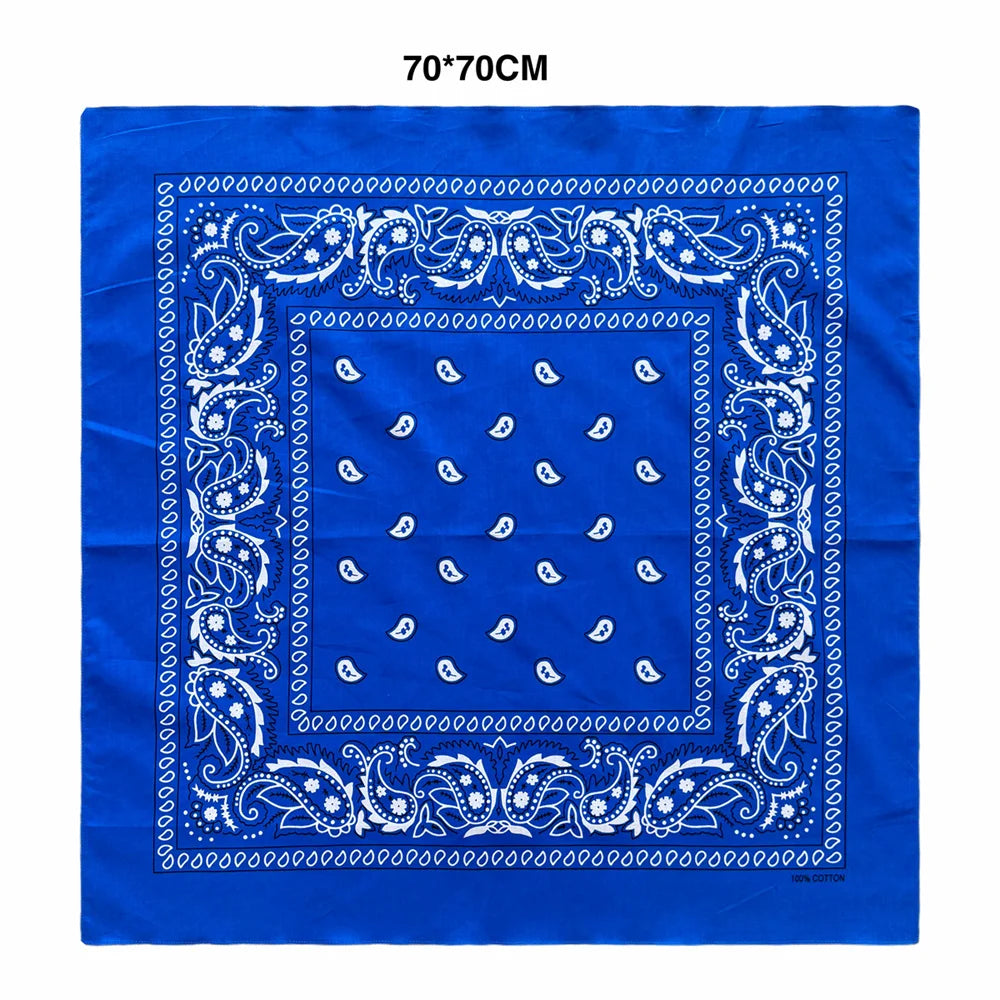 Blue fabric square featuring a white paisley pattern border and central motif